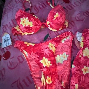 sunsets Red Bikini with Yellow Floral Design and skirt